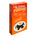 An orange rectangular product box for 'M-Kegabs by Hannah Reese Foodie edition' featuring a cartoon illustration of a chocolate cake with a fried egg on a plate and speech bubbles reading 'Low' + 'Cam' + 'Go'? and 'LOCO MOCA!'.
