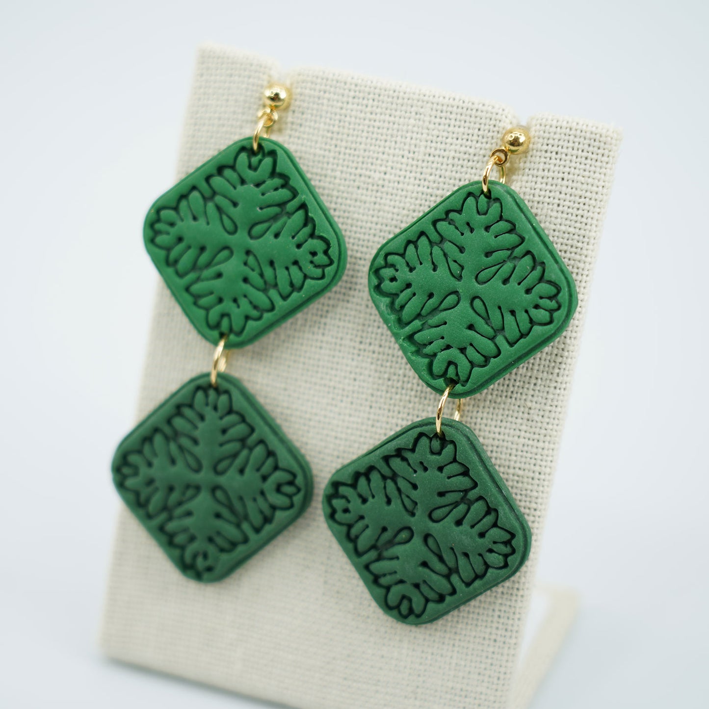Double Lauaʻe Fern Two Tone Green Hawaiian Quilt Earrings