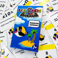 Keiki Cards Hawaii multiplication and division educational card set on a background of additional cards.