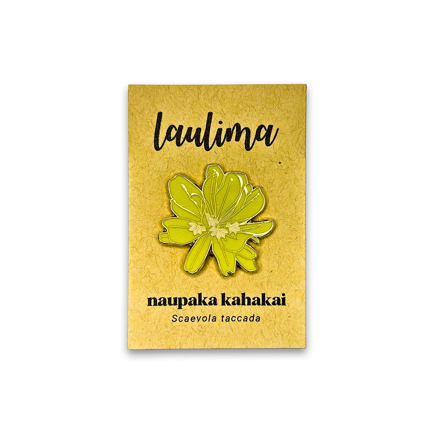Floral pin on a cardboard backing with 'laulima' branding