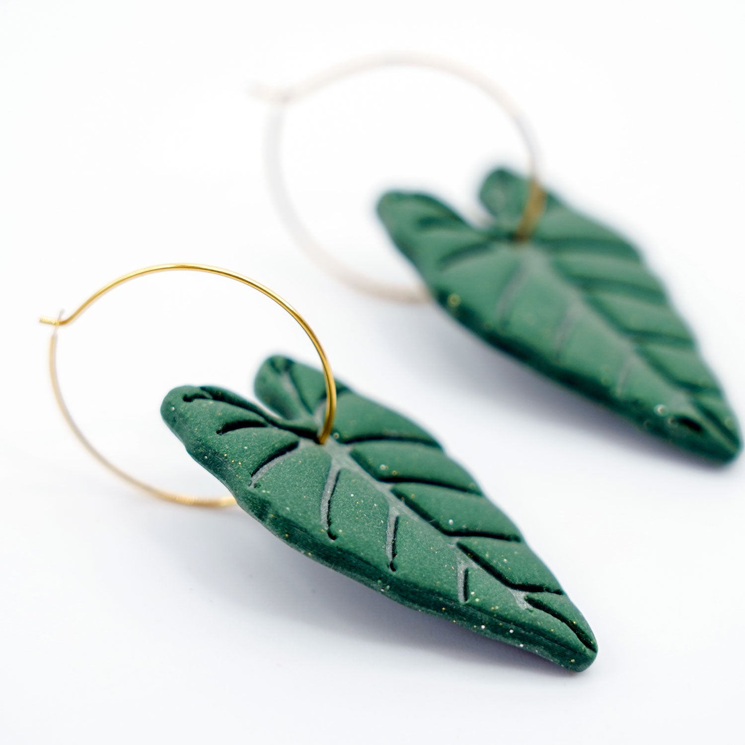 Kalo Leaf Green Clay Gold Hoop Earrings
