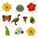 Colorful enamel pins arranged in a grid showcasing various designs: yellow and red flowers, a green leaf, a butterfly, a bird, and a green shell. Bright and cheerful.