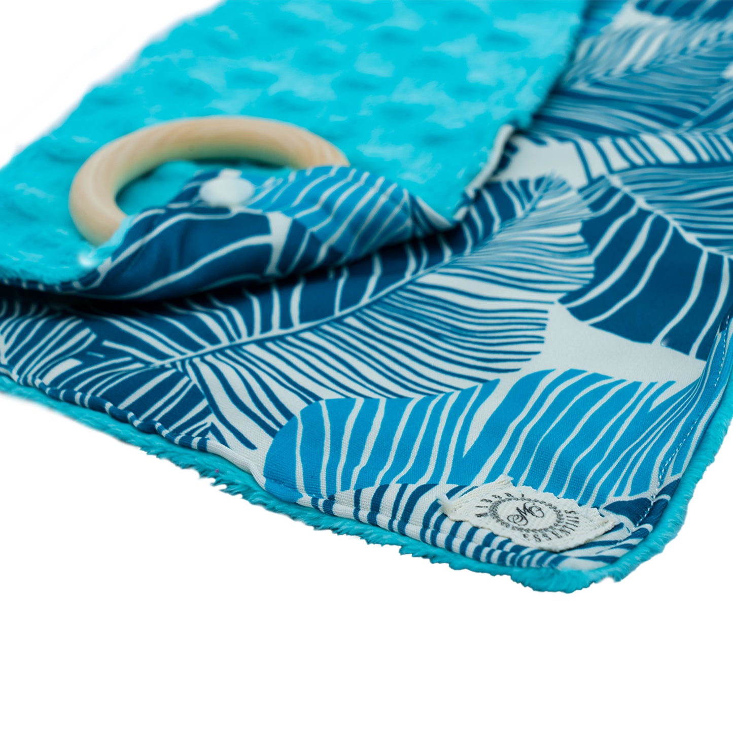 Minky Lovey Blanket with Detachable Wooden Teether - Blue Leaf