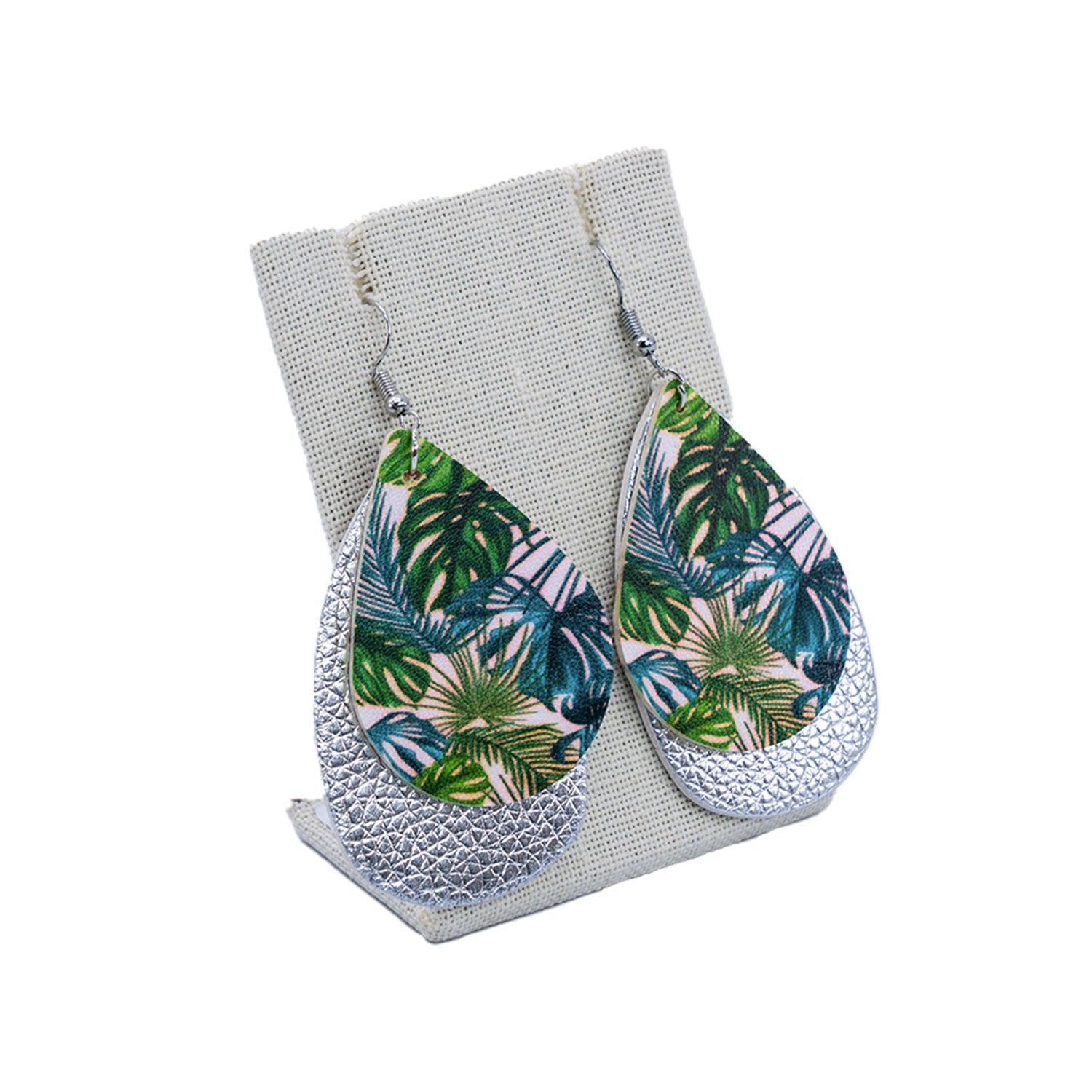 Faux Leather Dangle Earrings - Jungle Monstera & Silver