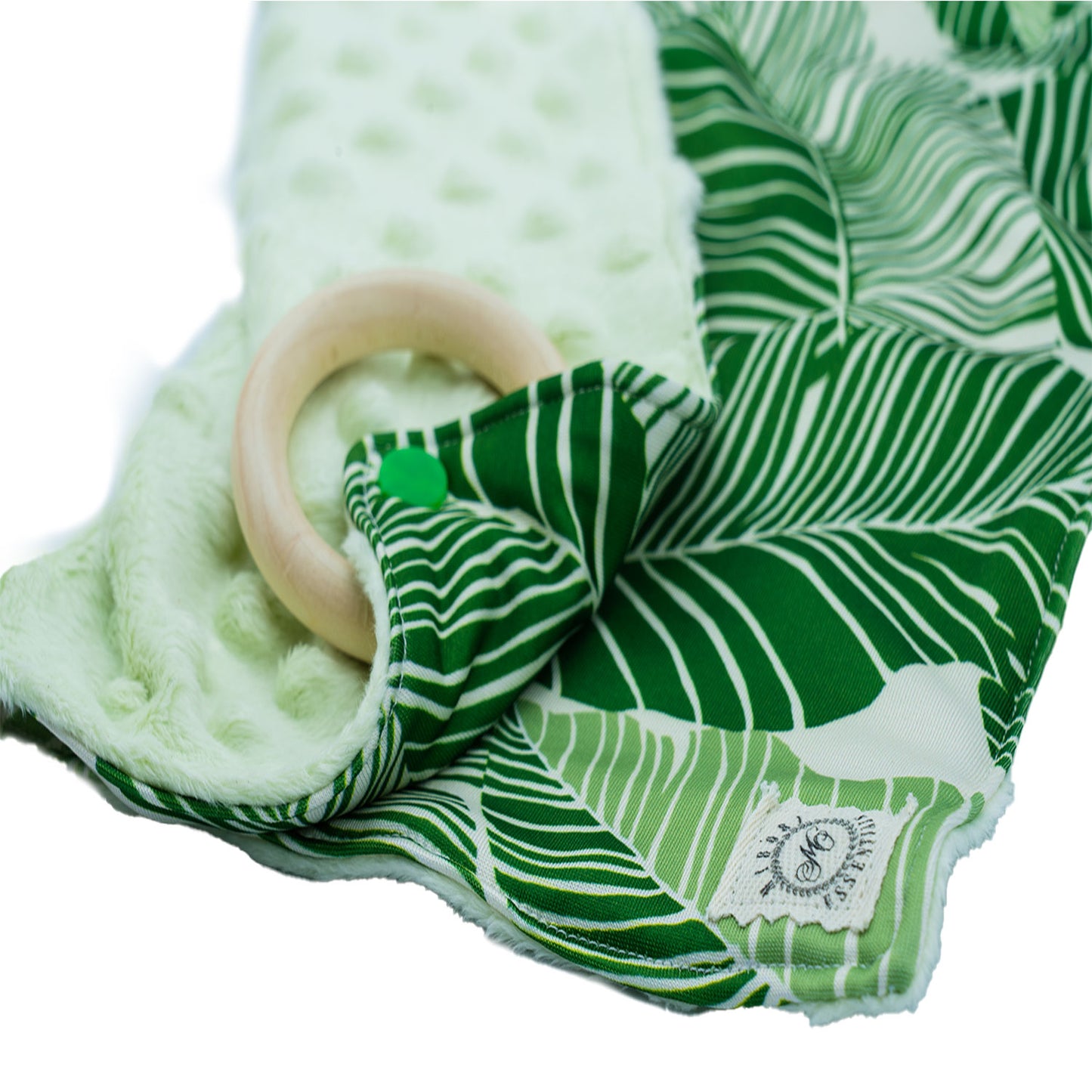 Minky Lovey Blanket with Detachable Wooden Teether - Green Leaf