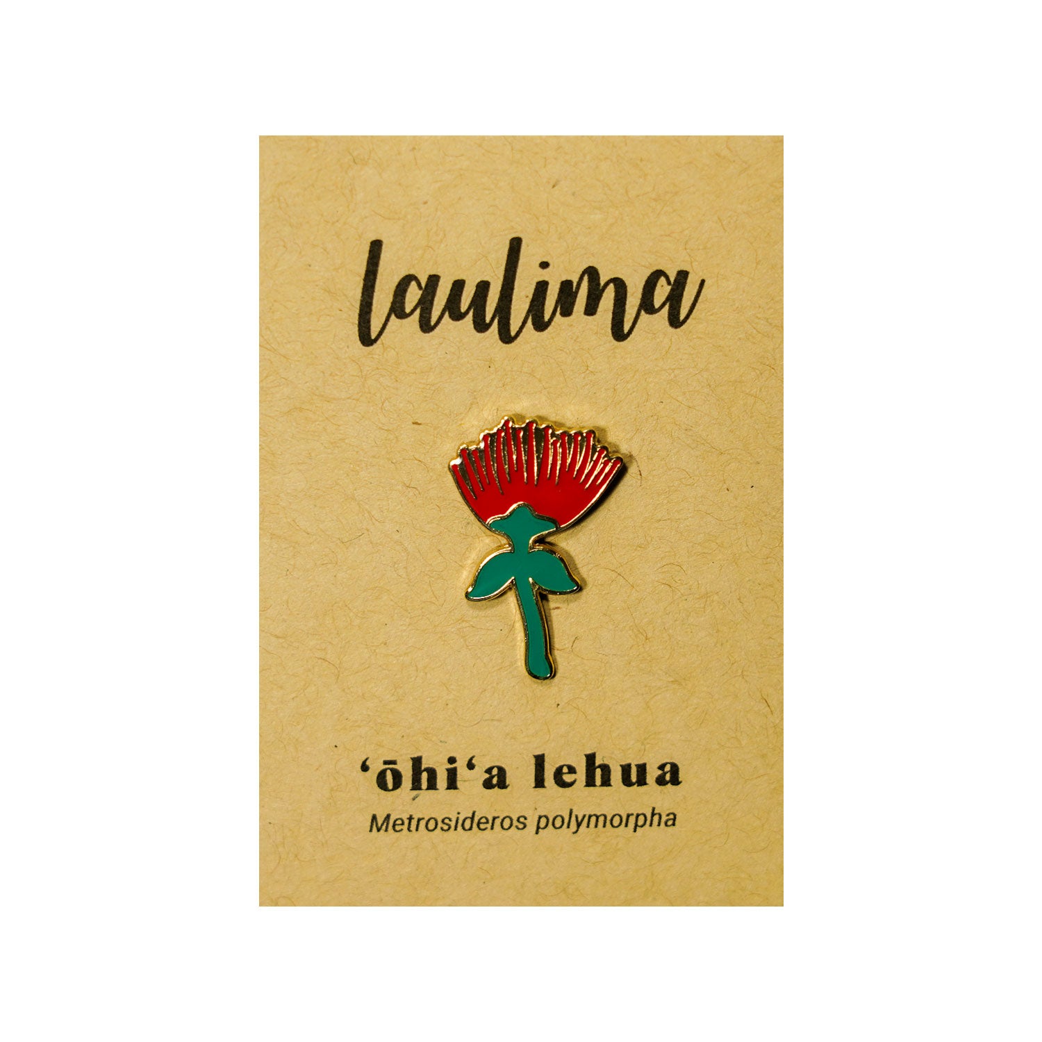 A red and green enamel pin of a lehua flower is attached to a card. The card reads "laulima" at the top and "'ōhi‘a lehua, Metrosideros polymorpha" below.