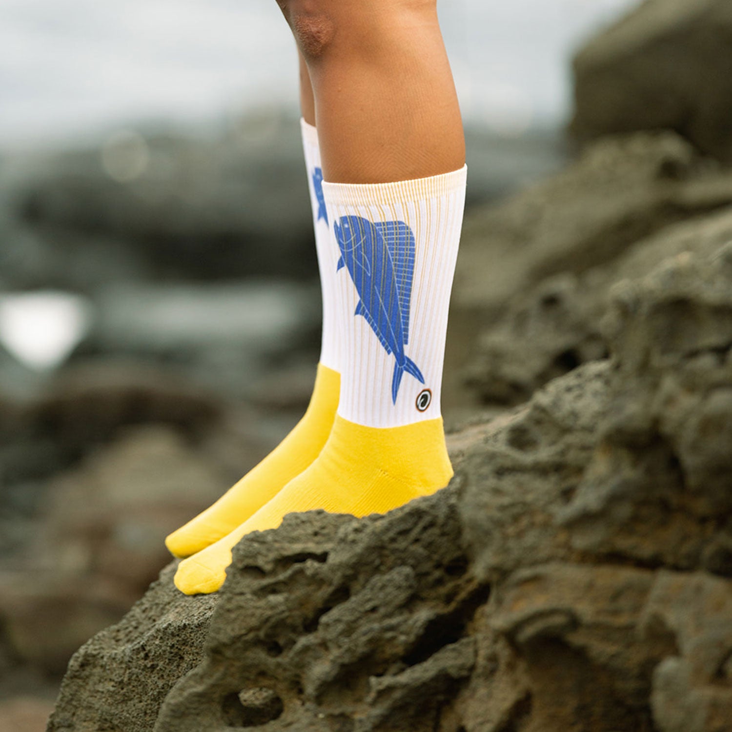 Navy Marlin Handprinted Cotton Athletic Crew Socks