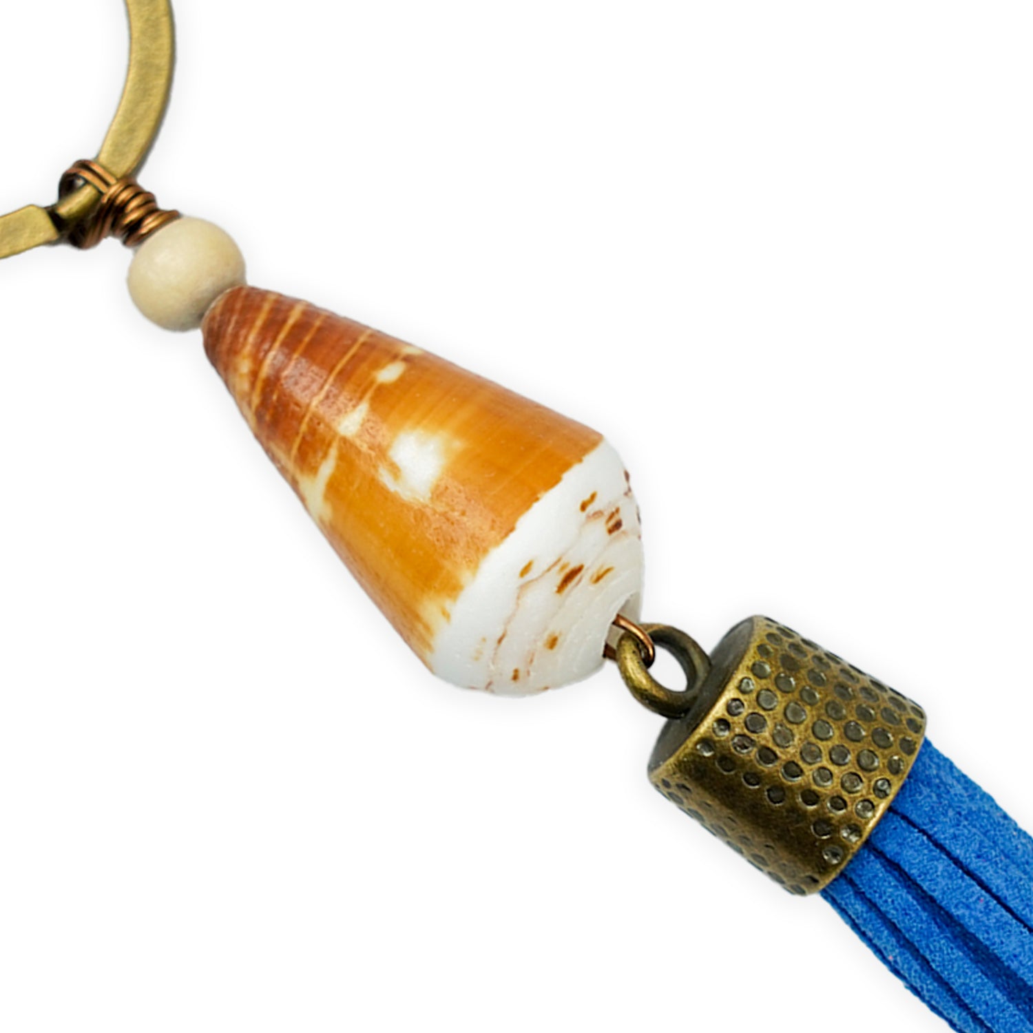 Handmade Hawaiian Cone Shell Bronze Keychain - Blue Tassel