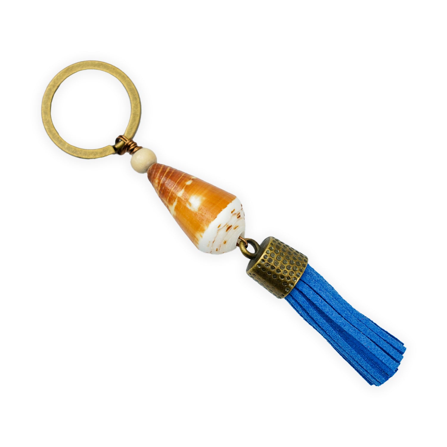 Handmade Hawaiian Cone Shell Bronze Keychain - Blue Tassel