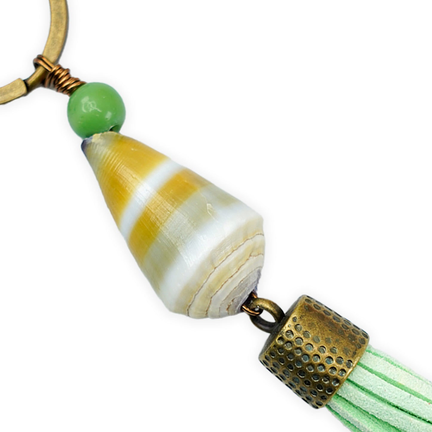 Handmade Hawaiian Cone Shell Bronze Keychain - Green Tassel