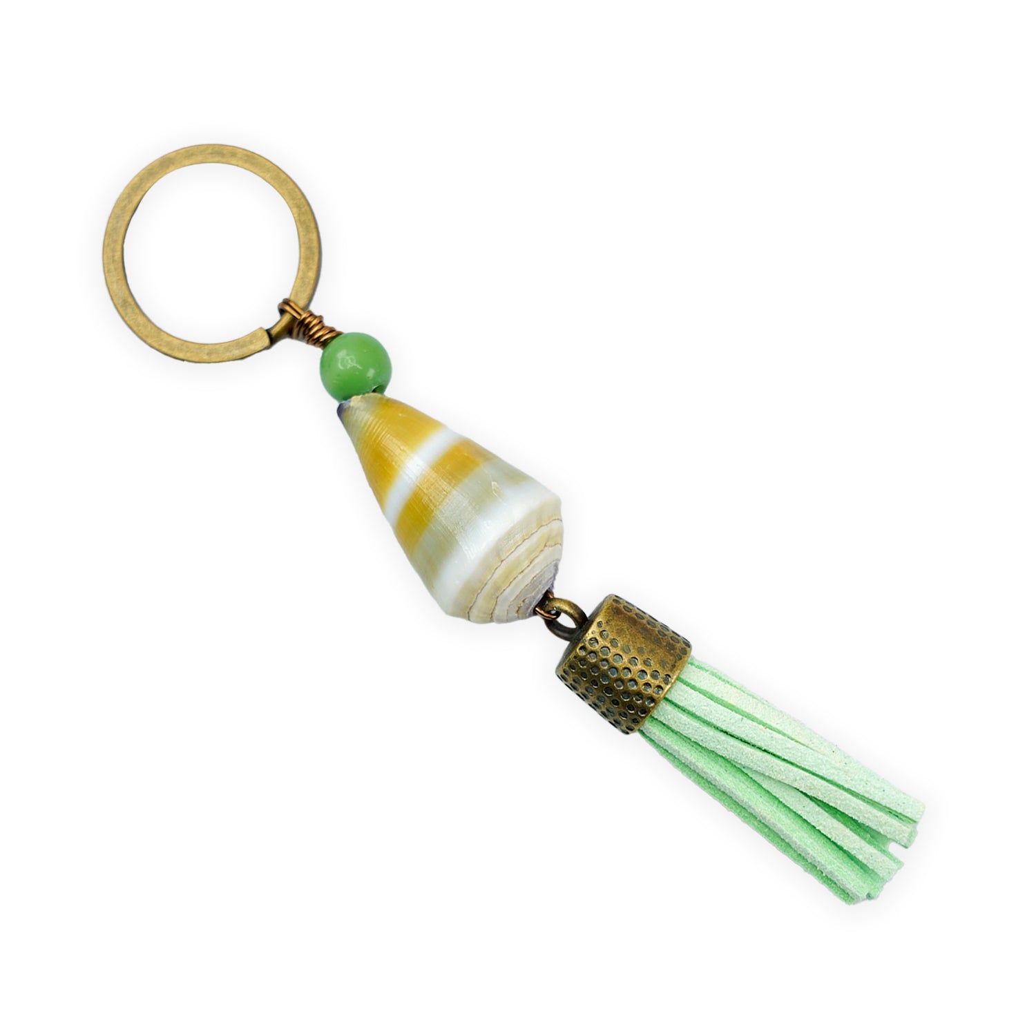 Handmade Hawaiian Cone Shell Bronze Keychain - Green Tassel