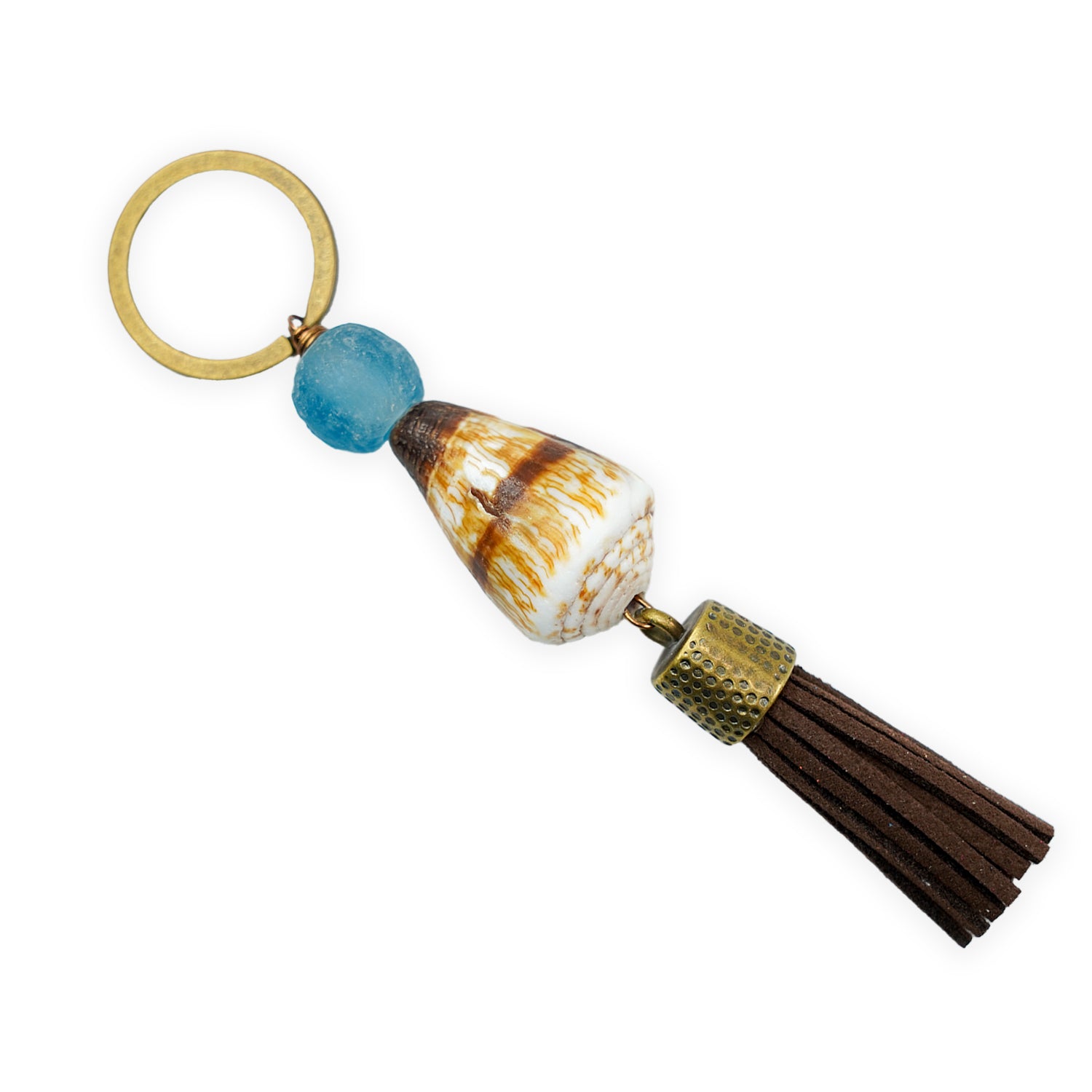 Handmade Hawaiian Cone Shell Bronze Keychain - Brown Tassel