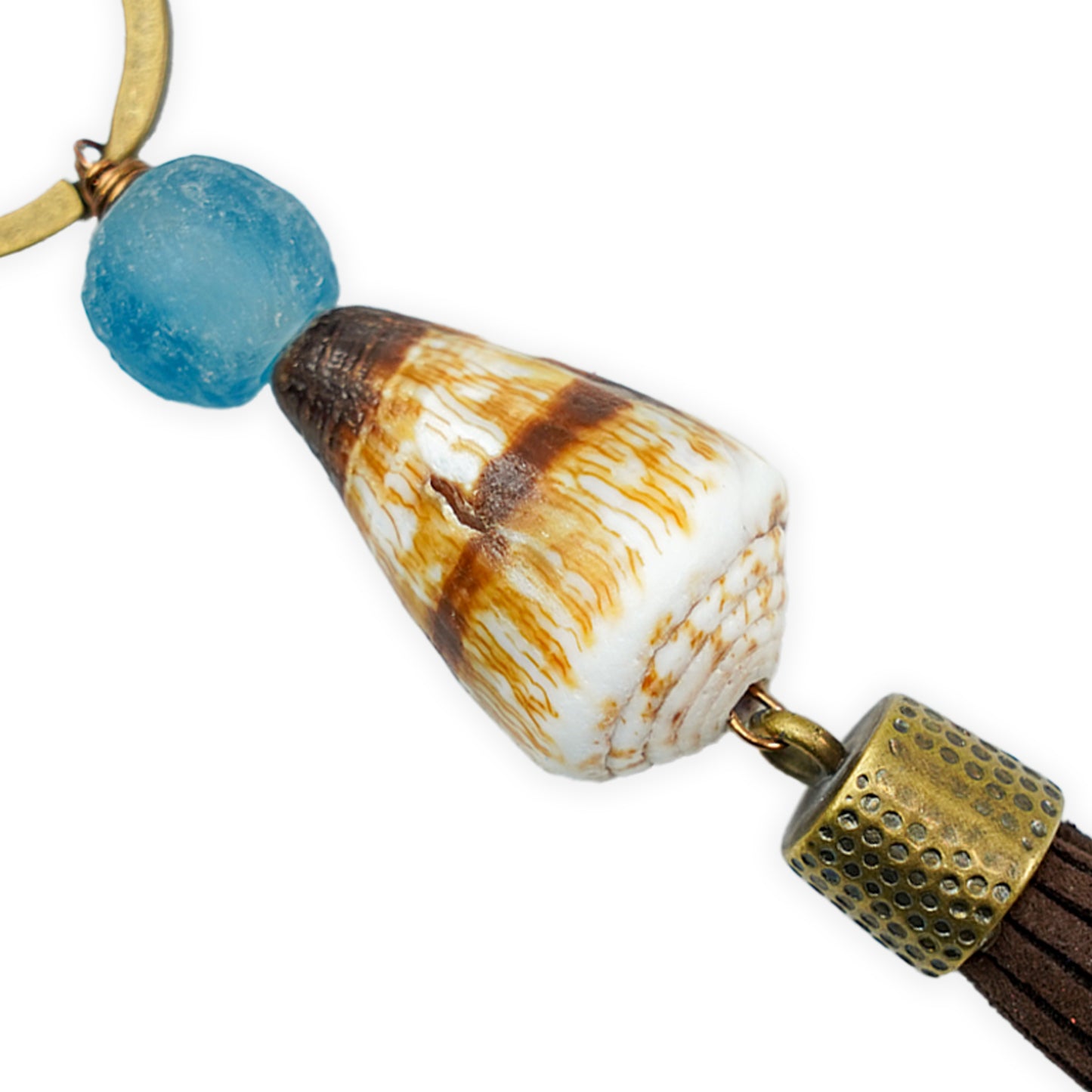 Handmade Hawaiian Cone Shell Bronze Keychain - Brown Tassel