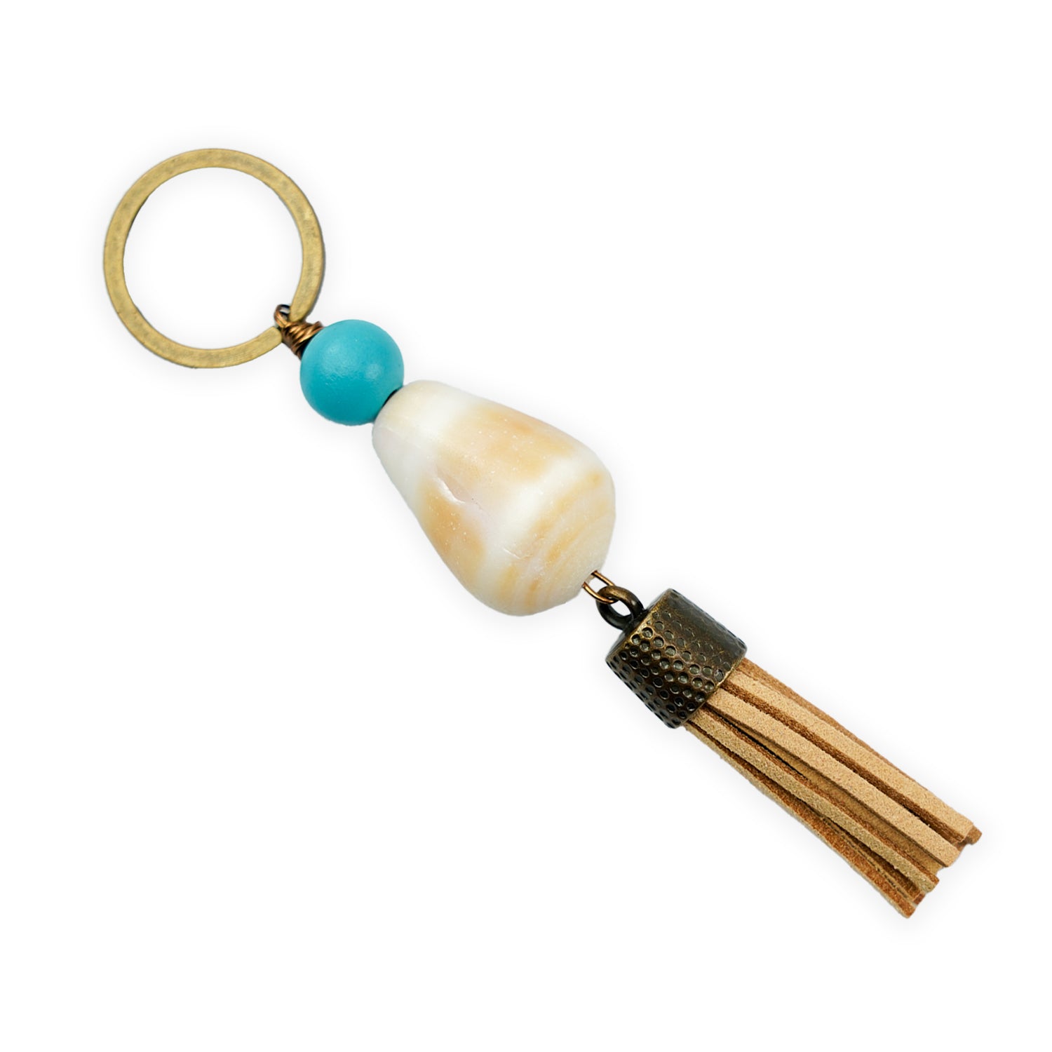 Handmade Hawaiian Cone Shell Bronze Keychain - Tan Tassel