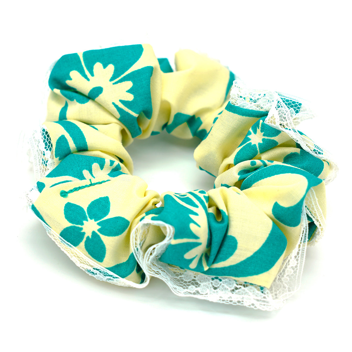 Handsewn Sateen & Lace Scrunchie Set - Aloha Print & White