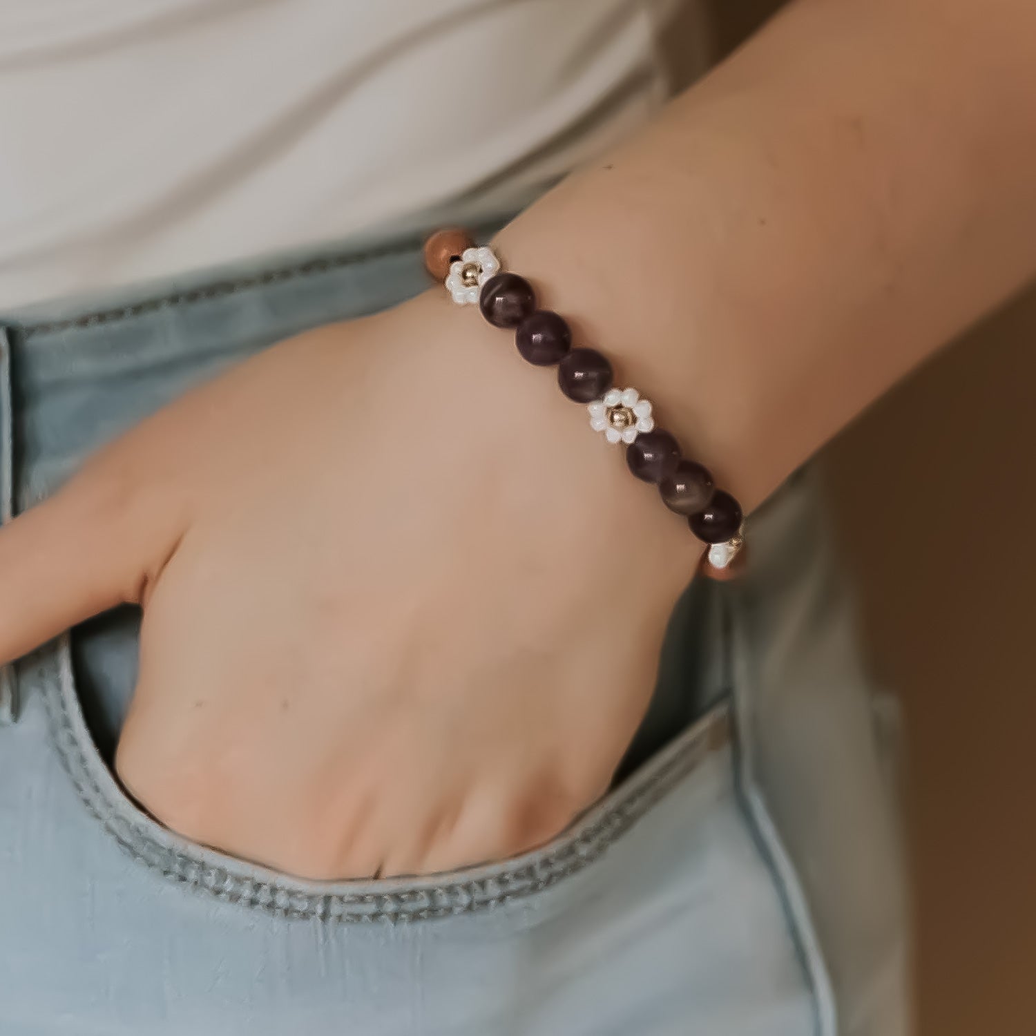 Amethyst + Glass Daisy & Rosewood 14k Gold Filled 7" Bracelet