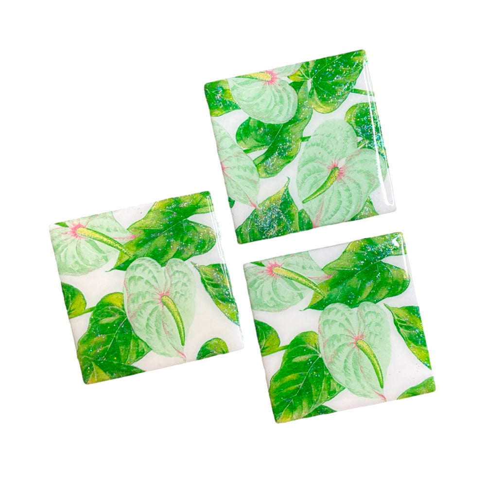 Green Anthurium Ceramic Coaster Set