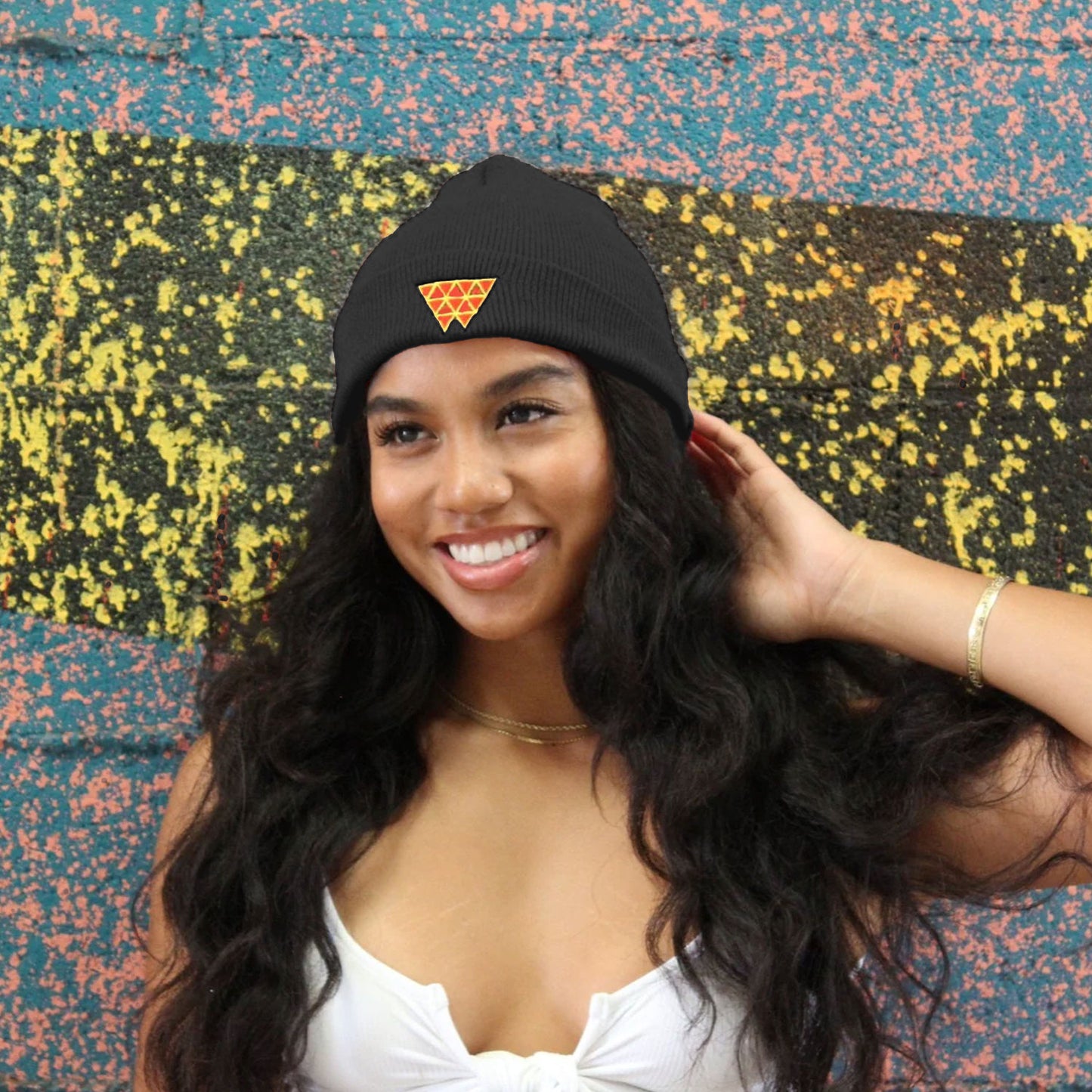 Red Triangle Knitted Cuff Beanie - Black