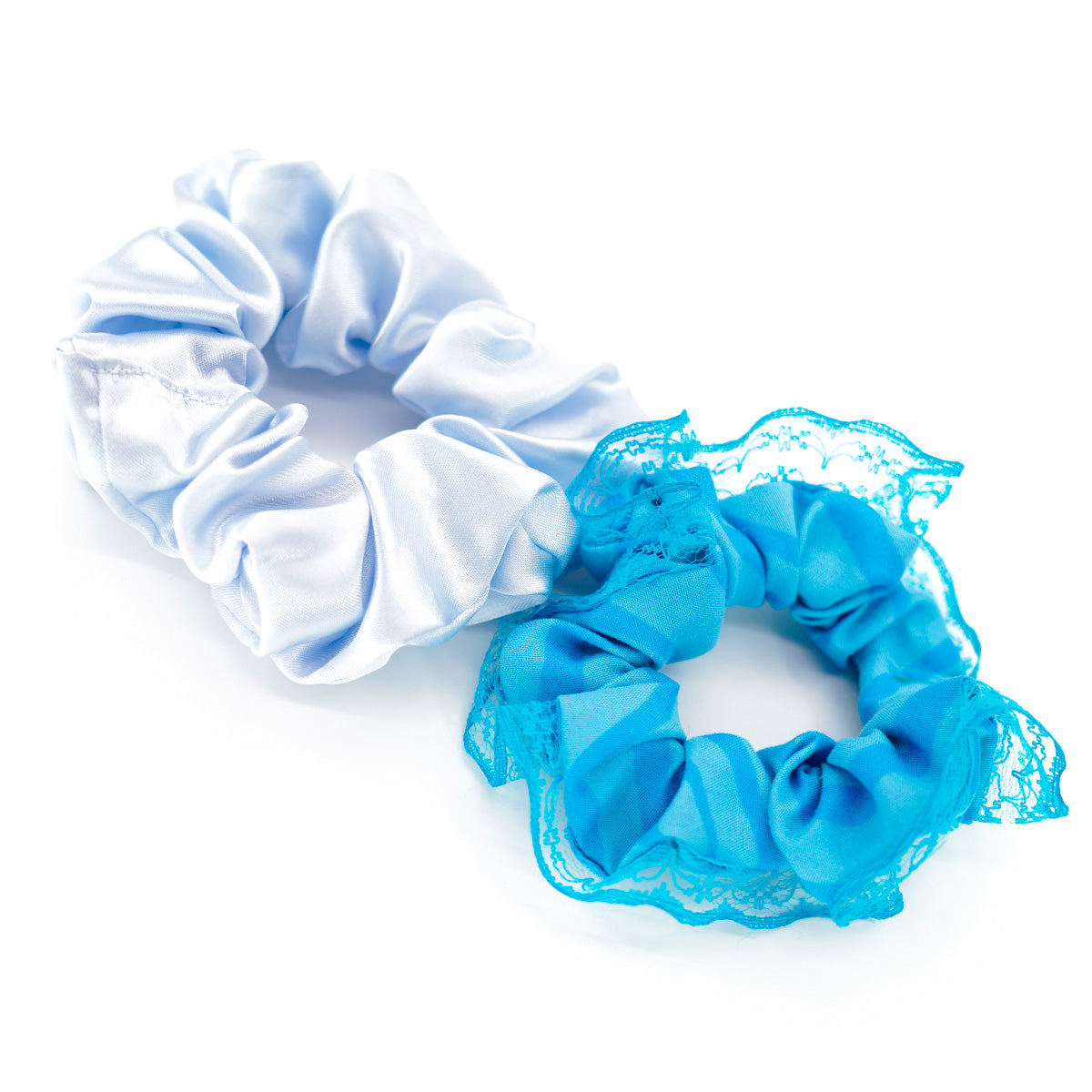 Handsewn Sateen & Lace Scrunchie Set - Blue & Blue