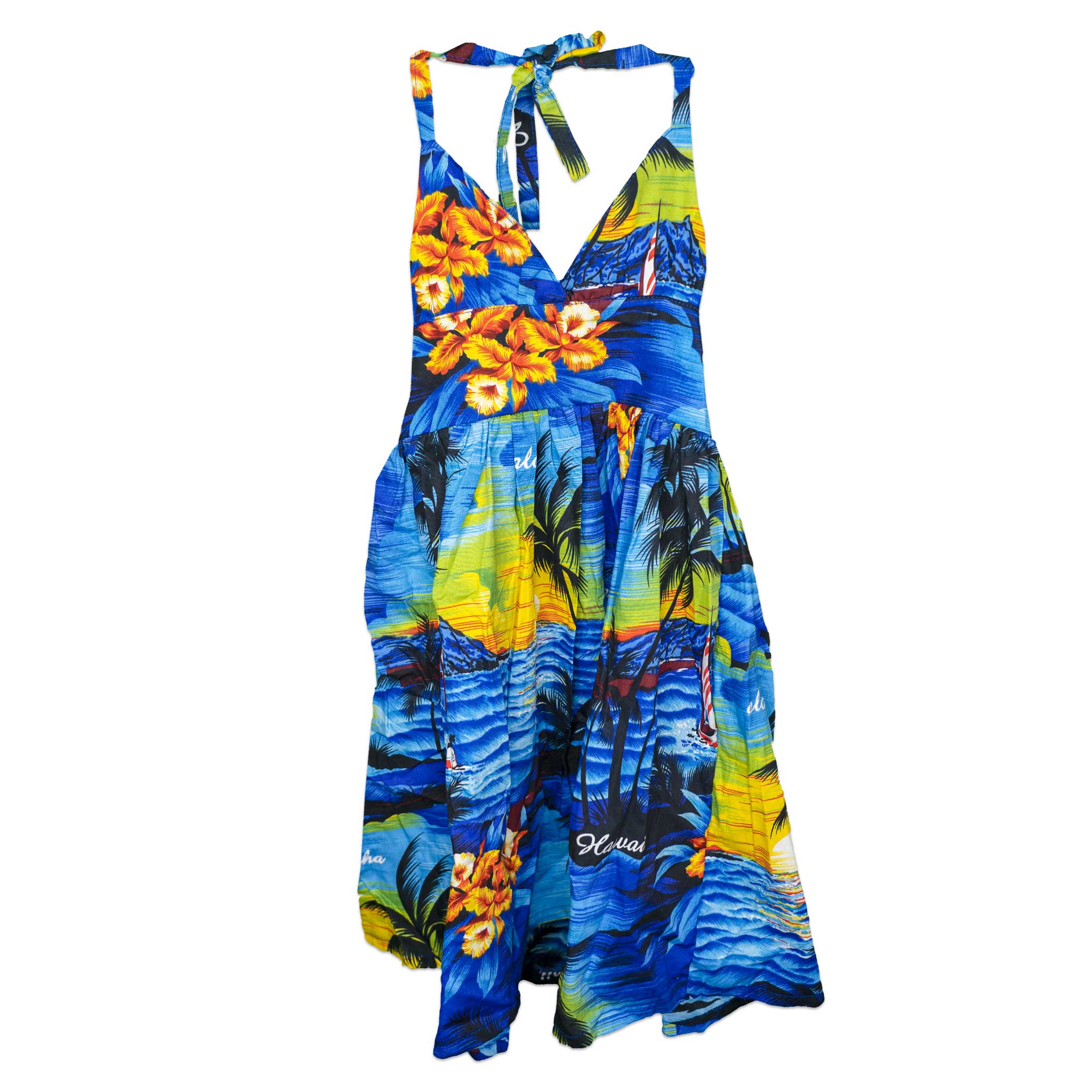 Blue Hawaiian Sunset Tie Strap Elastic Back Handmade Dress - Toddler