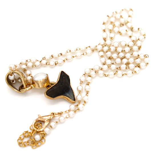 Fossilized Bull Shark Tooth & White Pearl Pendant on Faux Pearl Necklace