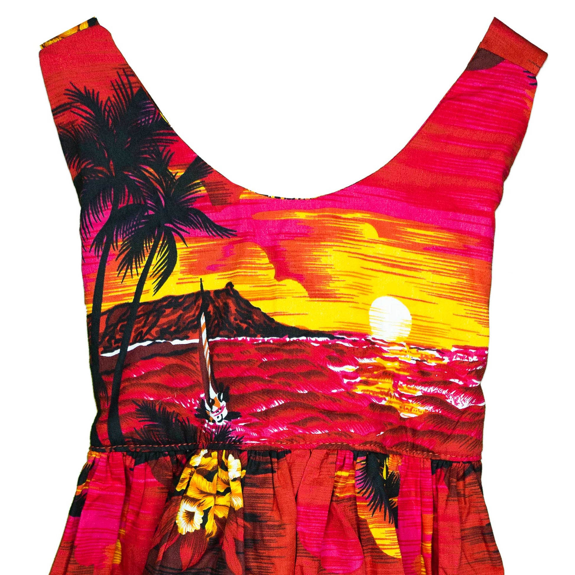 Red Hawaiian Sunset Crisscross Tie Back Elastic Handmade Dress