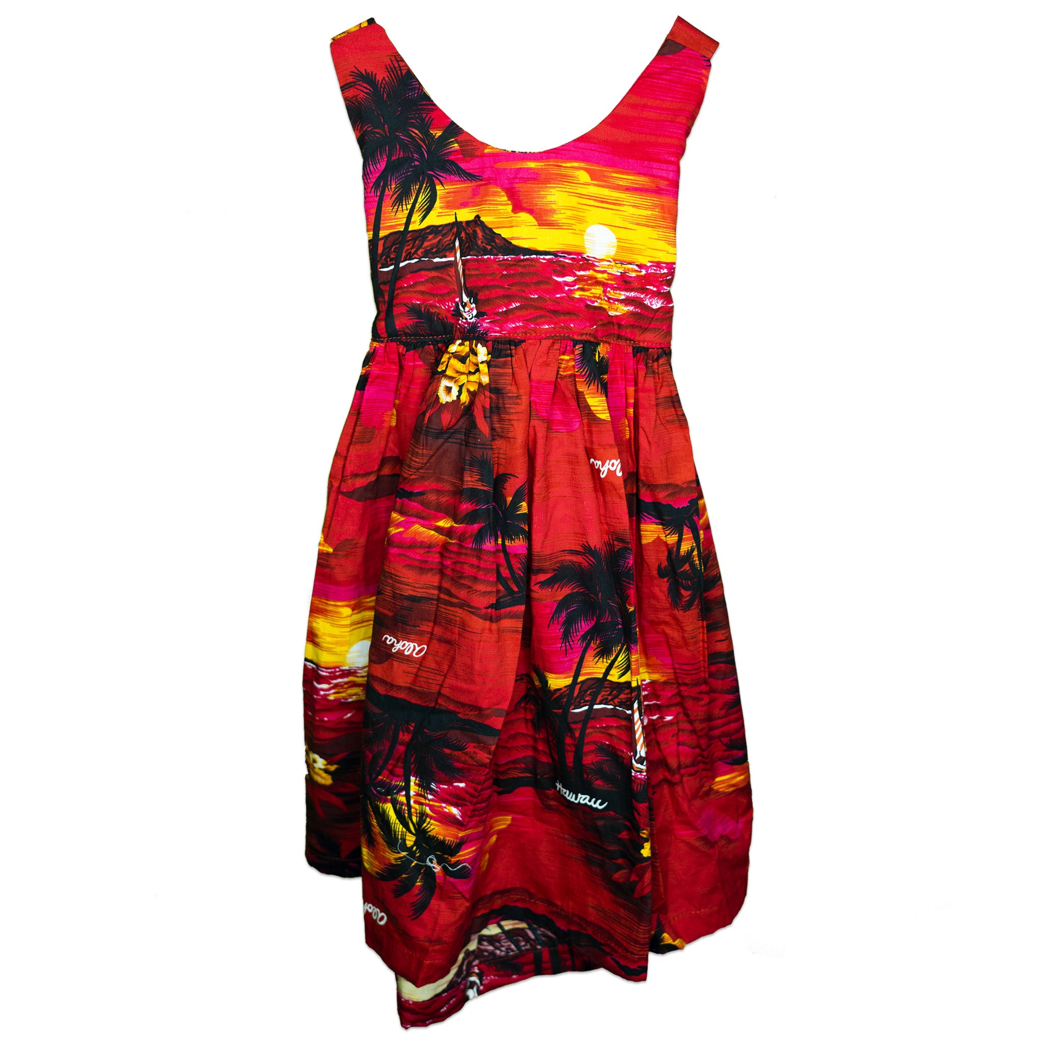 Red Hawaiian Sunset Crisscross Tie Back Elastic Handmade Dress - Toddler