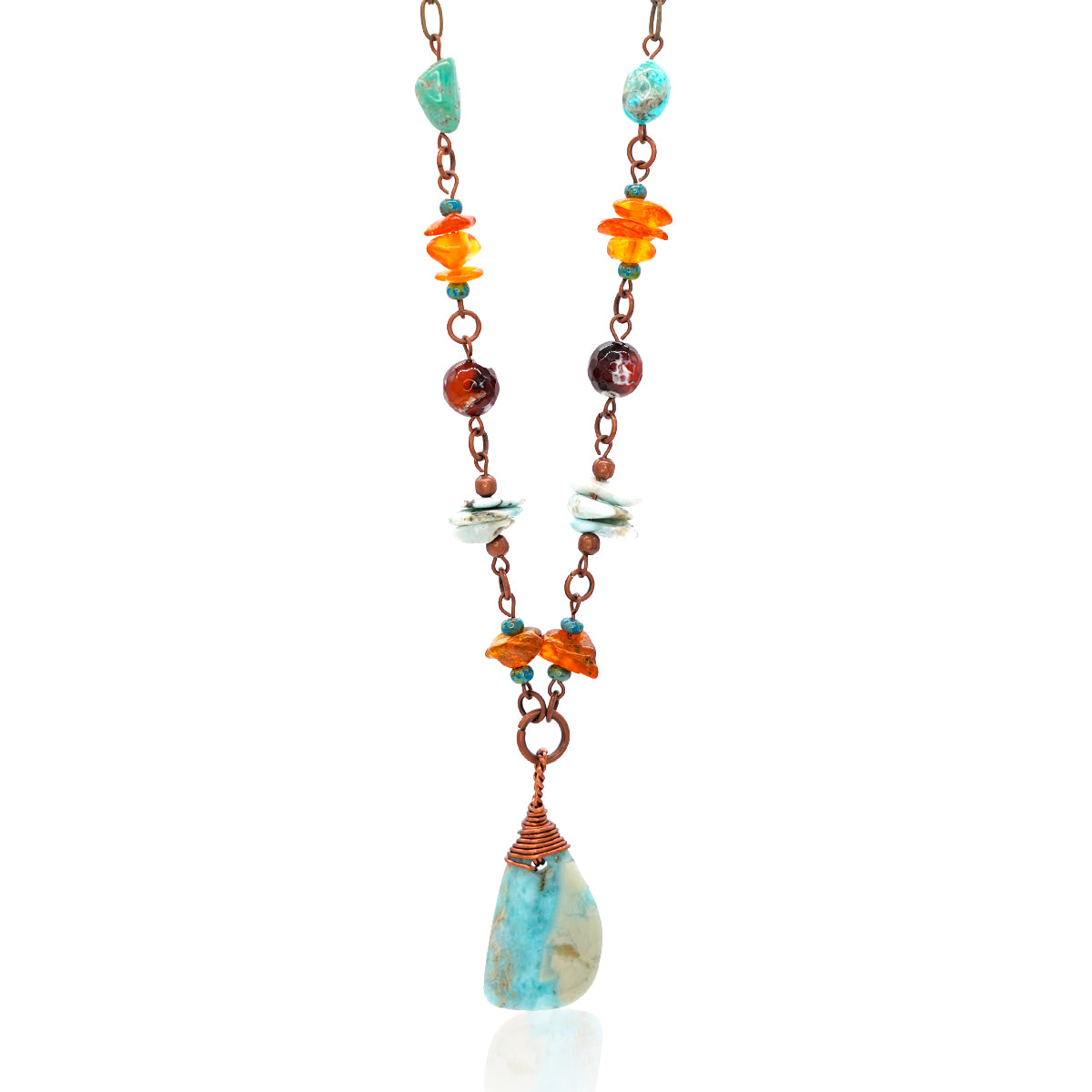Copper Chain Necklace with Dominican Larimar, Turquoise, Agate, and Baltic Amber