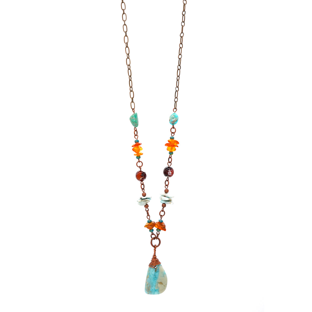 Copper Chain Necklace with Dominican Larimar, Turquoise, Agate, and Baltic Amber
