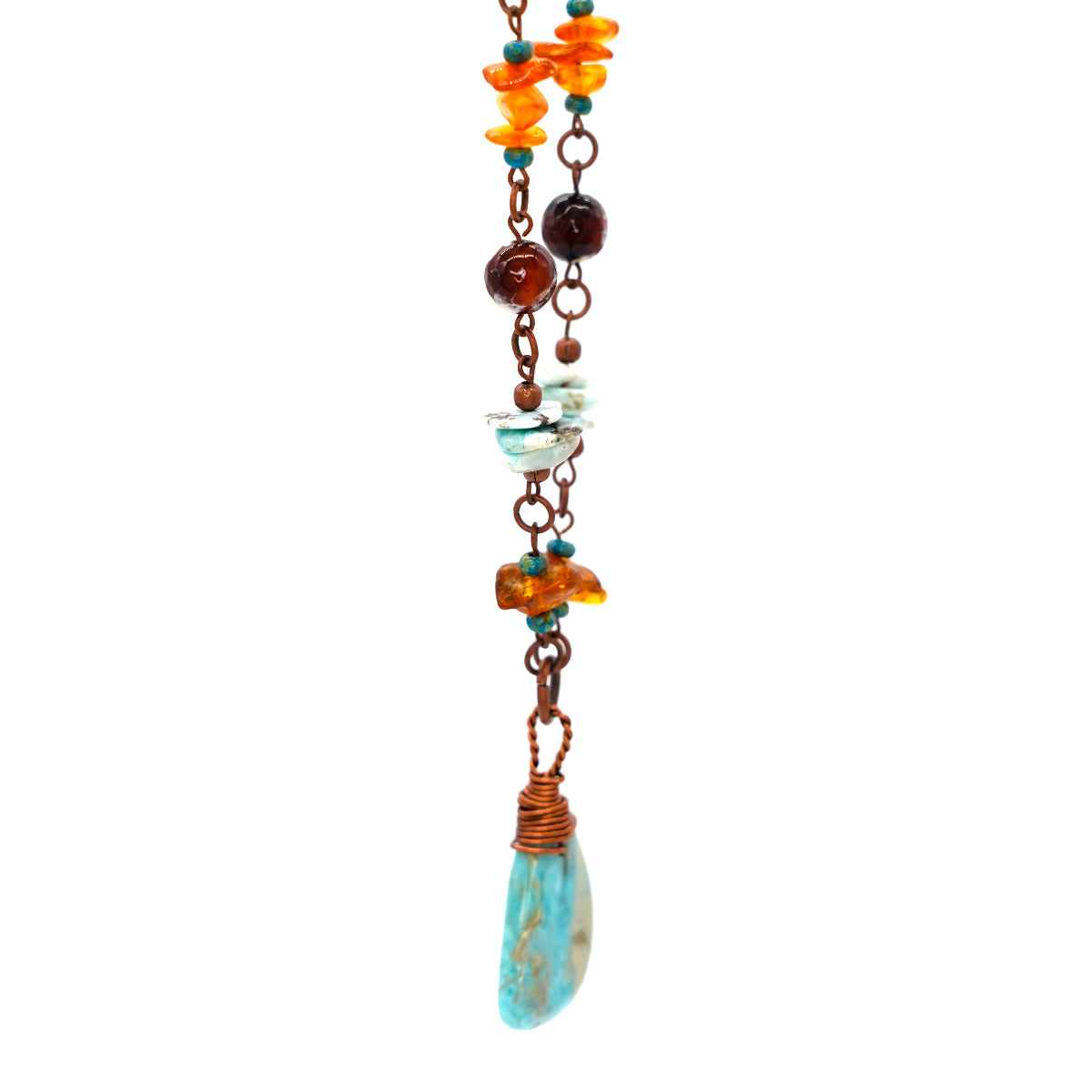 Copper Chain Necklace with Dominican Larimar, Turquoise, Agate, and Baltic Amber