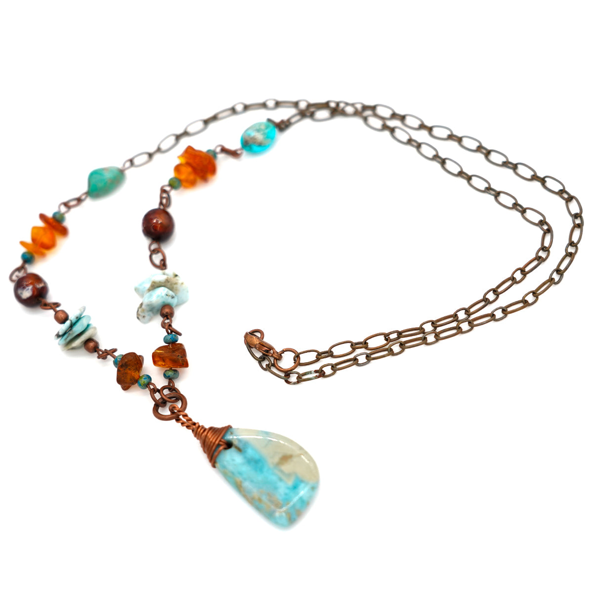 Copper Chain Necklace with Dominican Larimar, Turquoise, Agate, and Baltic Amber