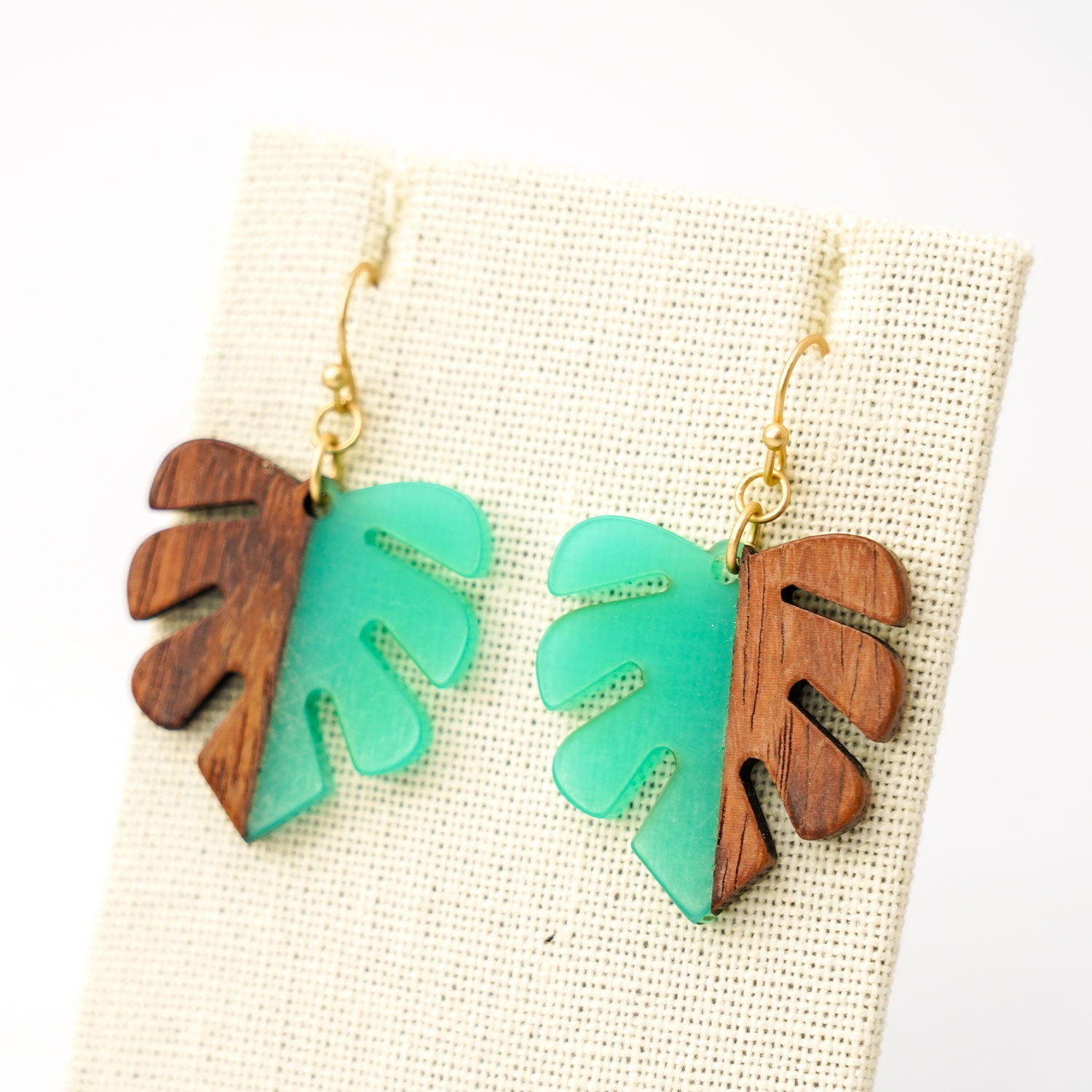 Monstera Resin & Dark Wood Gold Earrings