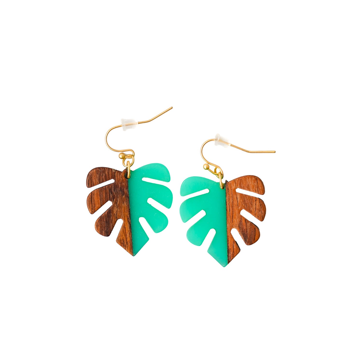 Monstera Resin & Dark Wood Gold Earrings