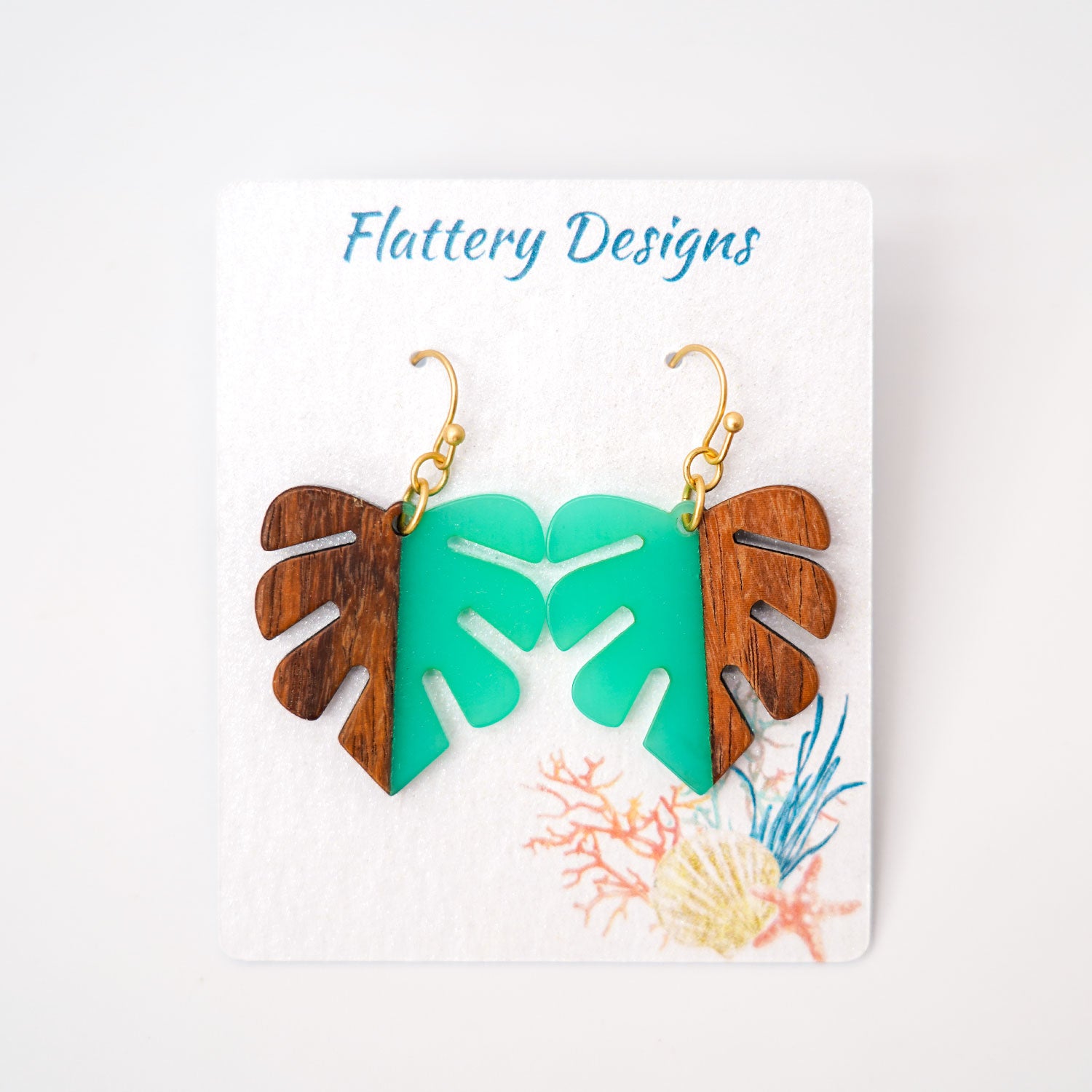 Monstera Resin & Dark Wood Gold Earrings