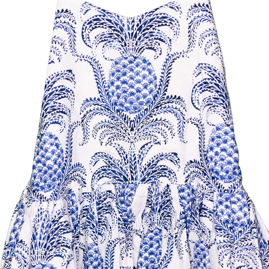 Dominique Blue Pineapple Elastic Waist Back Handmade Dress