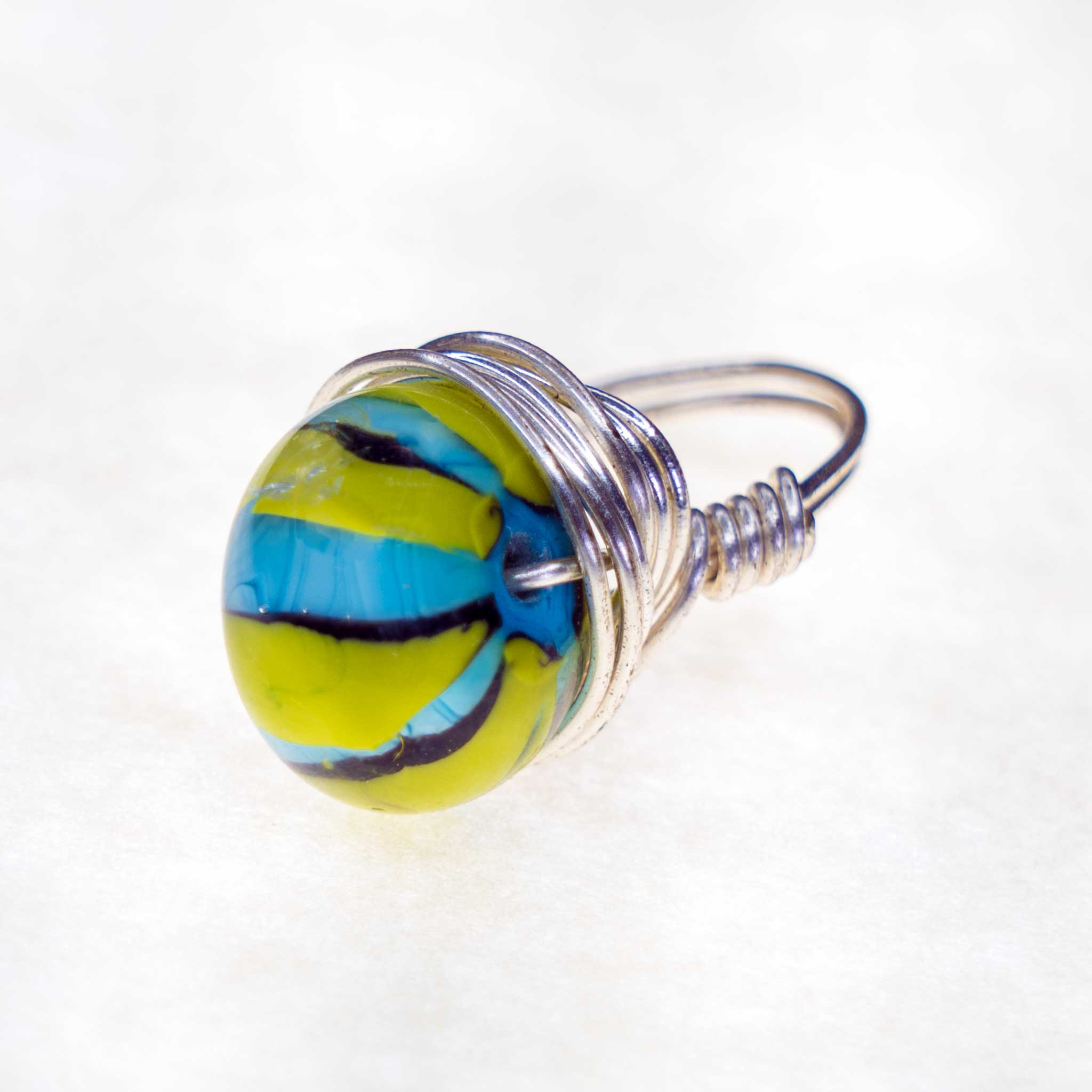 Green Aqua Stripe Silver Wire Ring