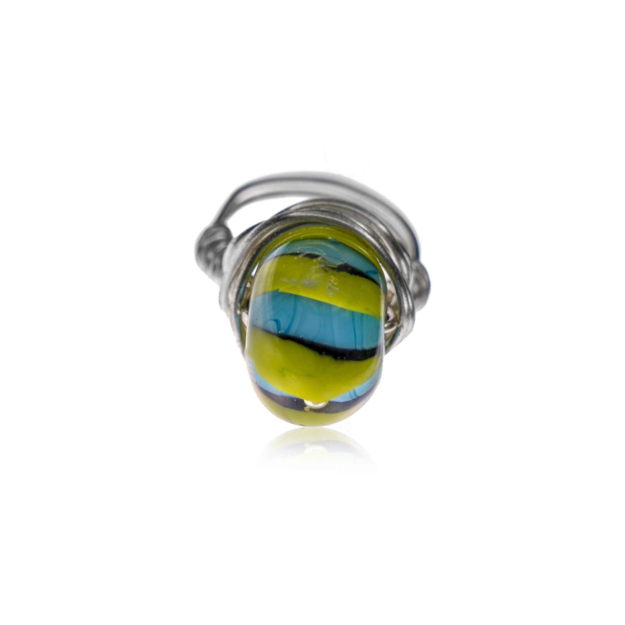 Green Aqua Stripe Silver Wire Ring