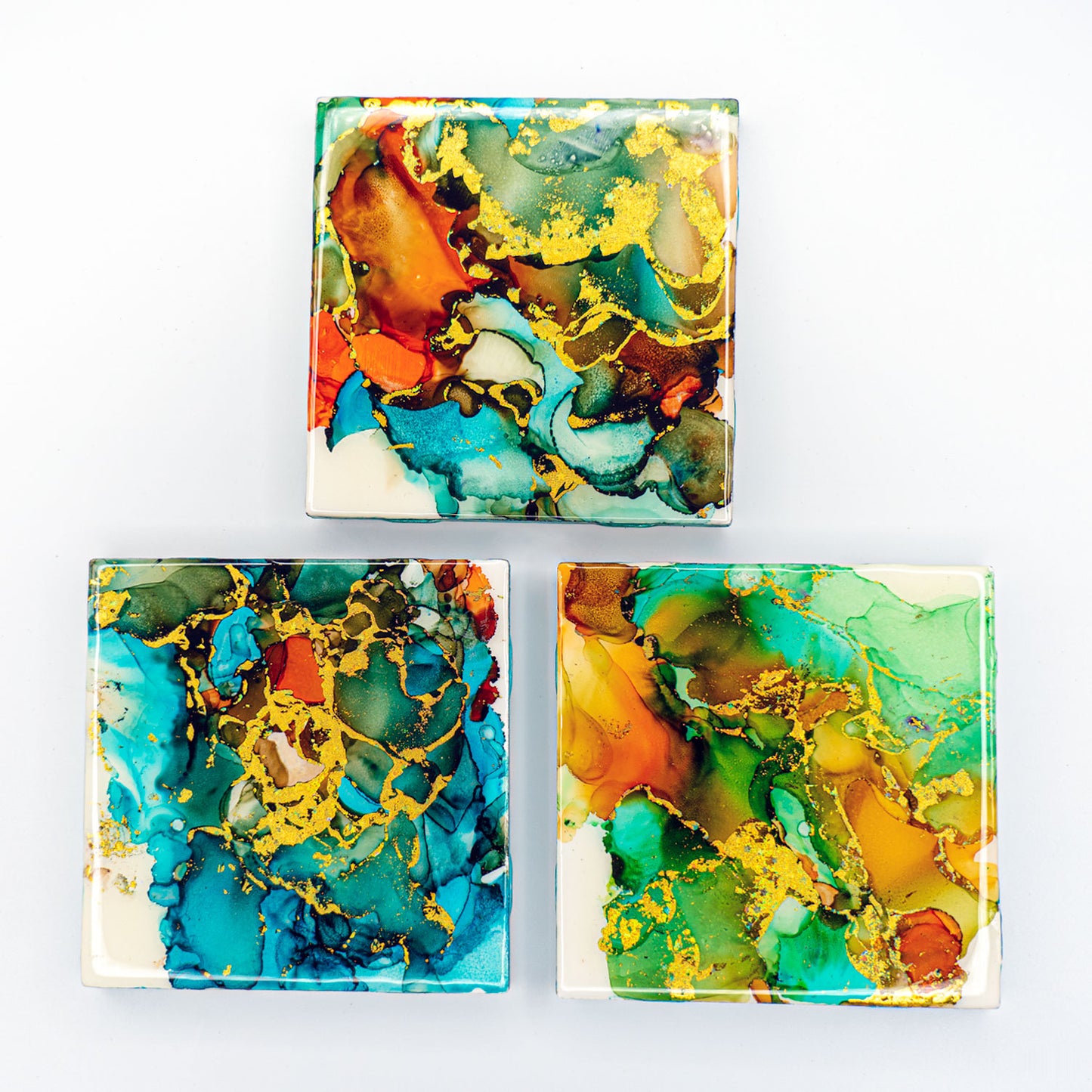Hand-Painted Original Art Glossy Ceramic Coaster Set "Malachite"
