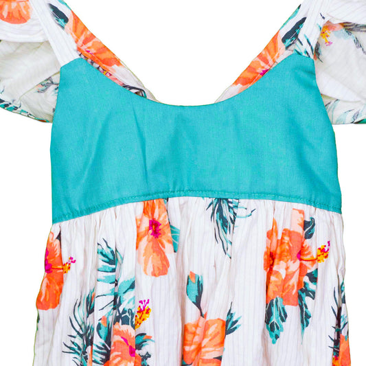 White & Teal Elastic Waist Back Flutter Sleeve Handmade Dress