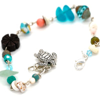 Silver Honu Turtle Charm Bracelet with Czech Glass, Wood, & Shells