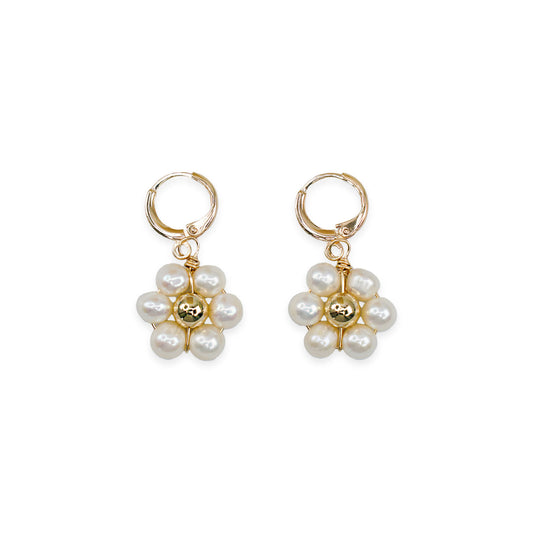 Freshwater Pearl Flower 14k Gold Filled Huggie Earrings
