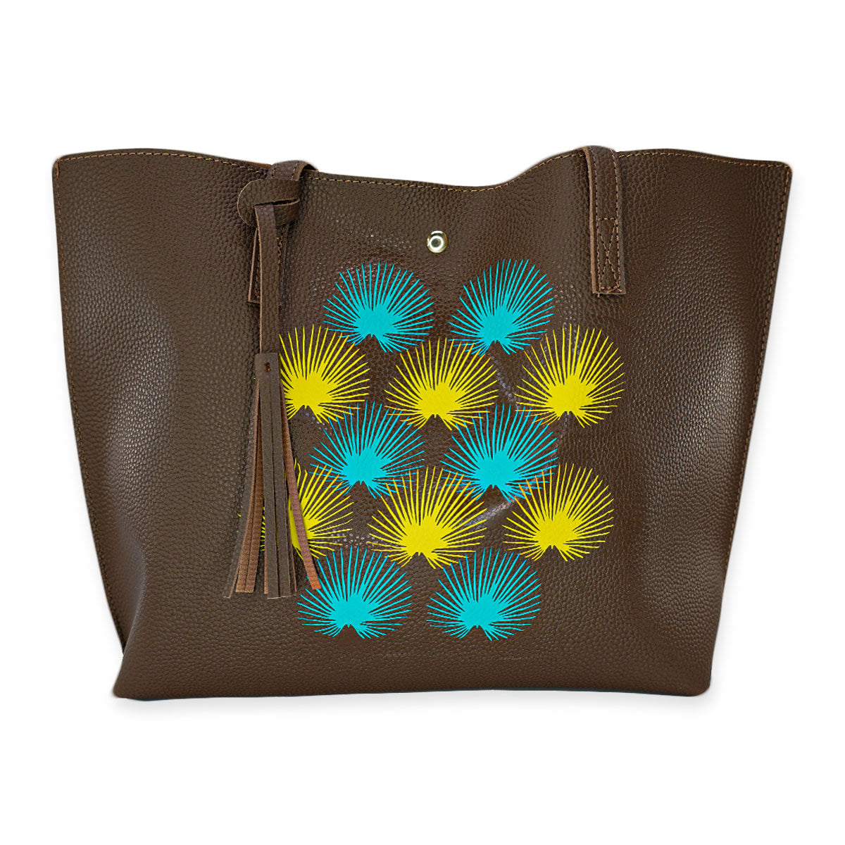 Faux Pebbled Leather Everyday Brown Tote Bag - Kūlia Yellow & Teal