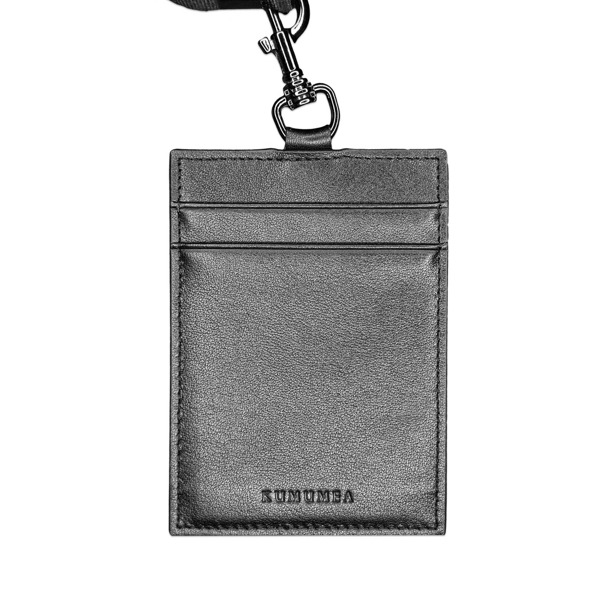 Luxury Top Grain Leather Handmade RFID Lanyard - Black & Silver