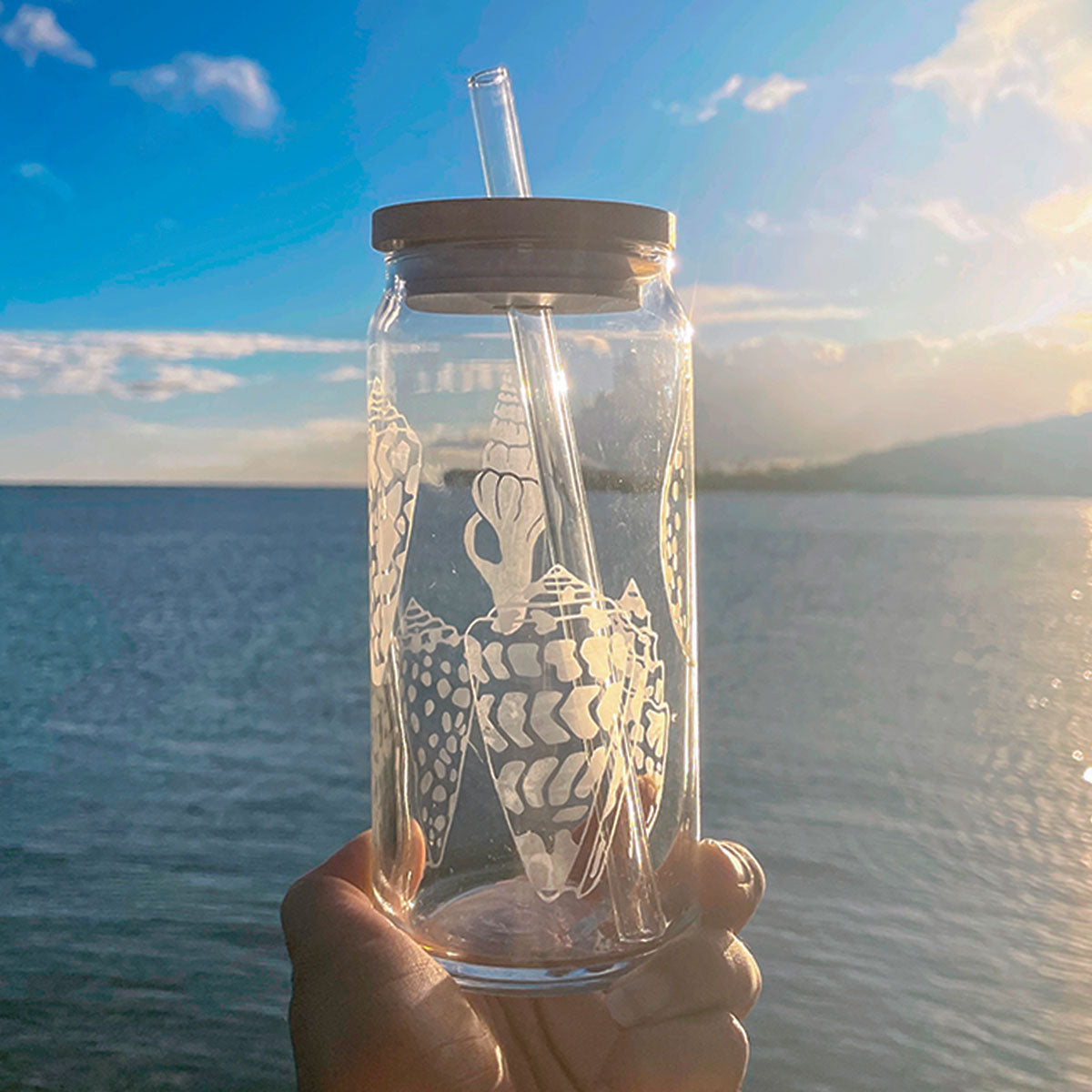 Hand Etched 20 oz Glass Tumbler with Lid & Straw - Seashells