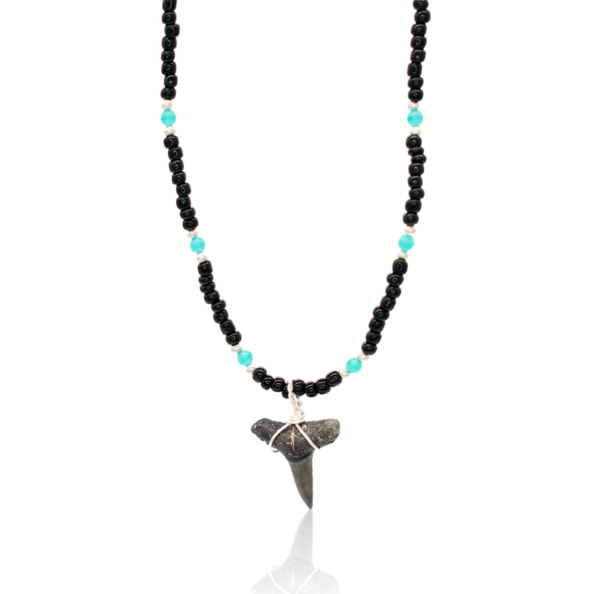 Fossilized Lemon Shark Tooth on Black & Blue Glass Bead Necklace
