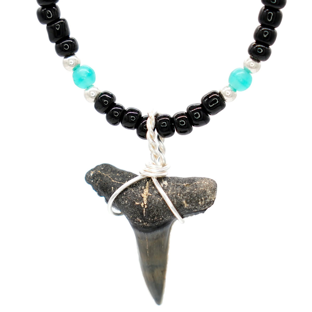 Fossilized Lemon Shark Tooth on Black & Blue Glass Bead Necklace