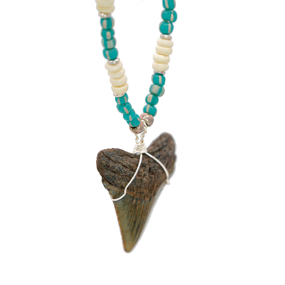 Fossilized Megalodon Tooth on Bone & Indonesian Glass Bead Necklace