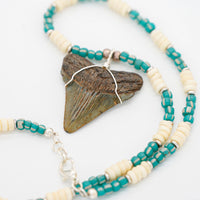Fossilized Megalodon Tooth on Bone & Indonesian Glass Bead Necklace