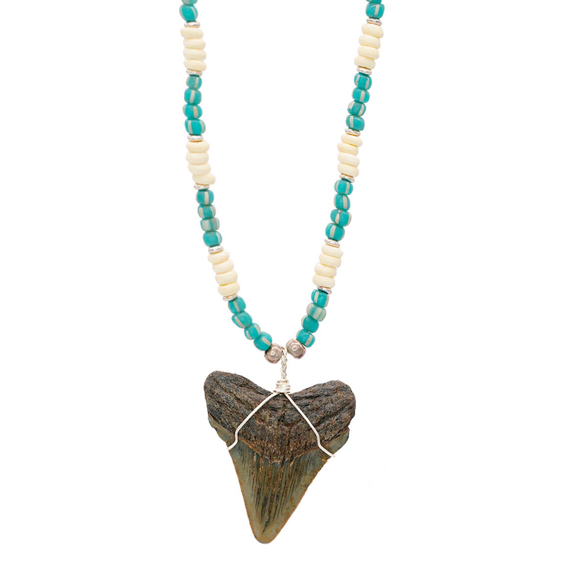 Fossilized Megalodon Tooth on Bone & Indonesian Glass Bead Necklace