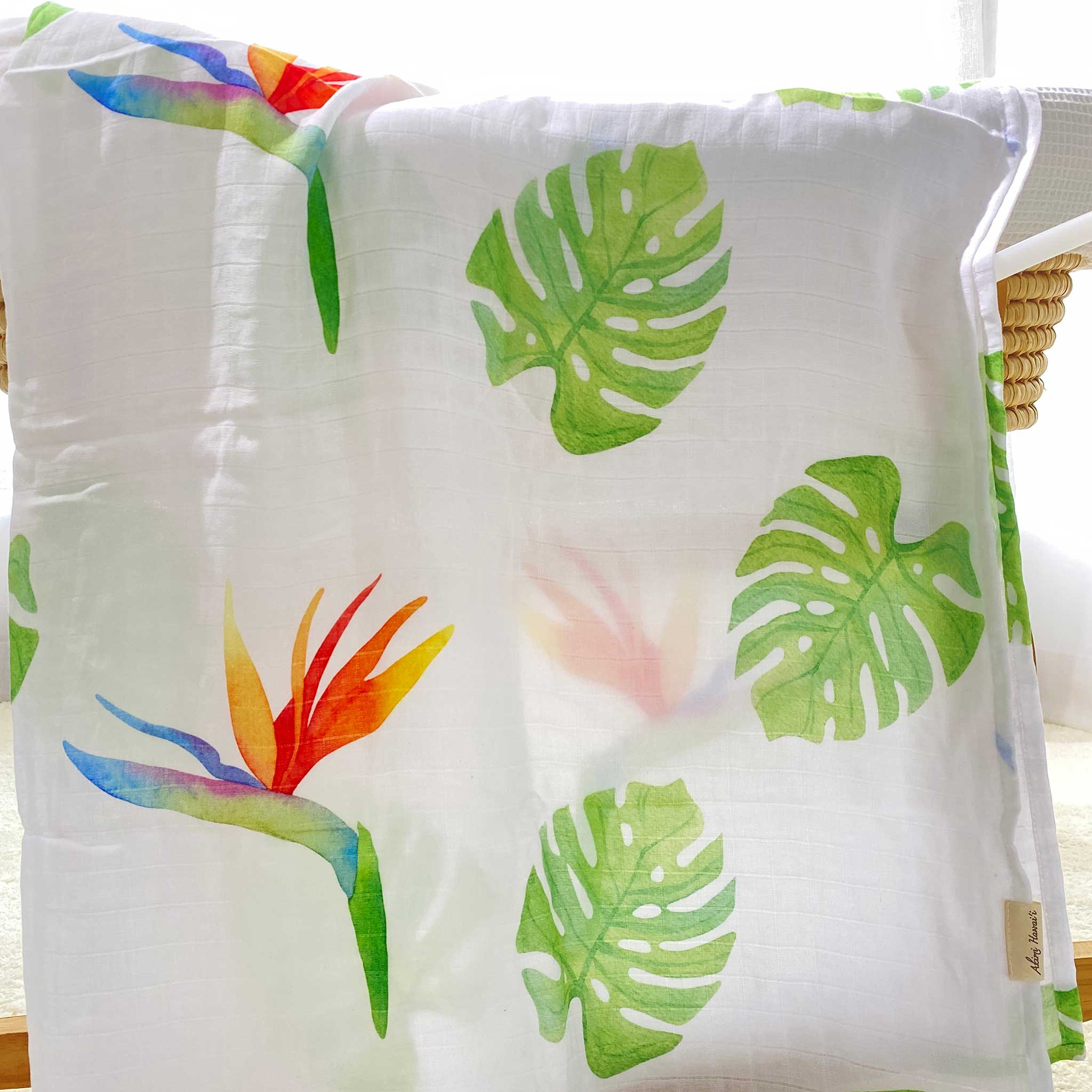 Bamboo Organic Cotton Monstera & Bird-of-Paradise 47" Swaddling Blanket